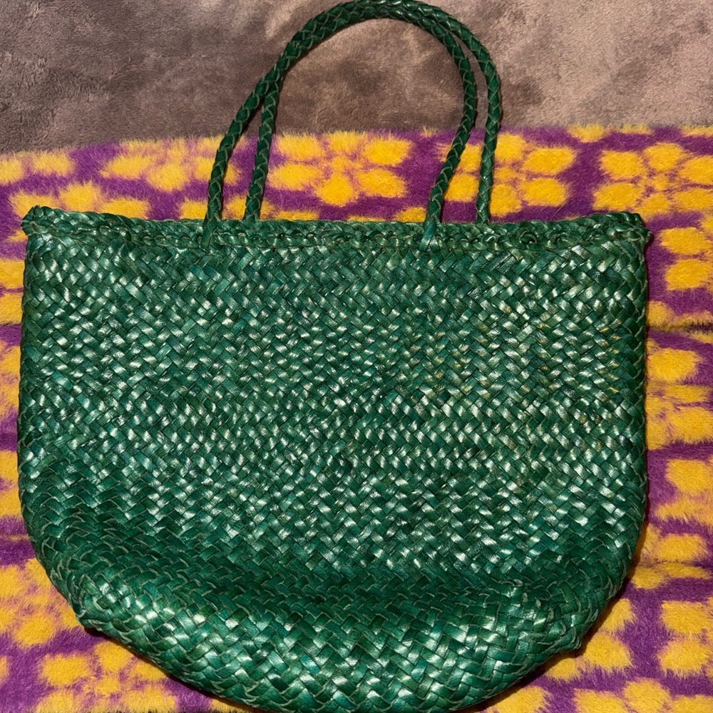 Green Woven Tote Bag MOTHER Denim Basketcase